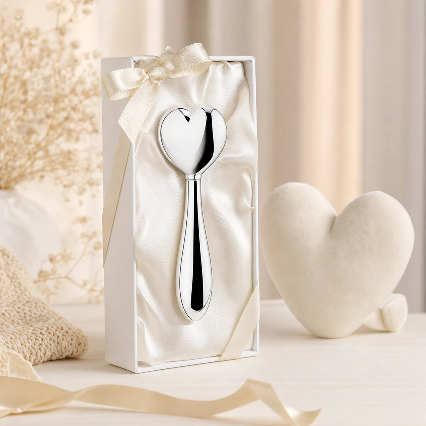 Babyrassel 925 Silber mit kleinem Herz-Motiv, Stielrassel — Lifestyle-Setting, Geschenk zur Geburt