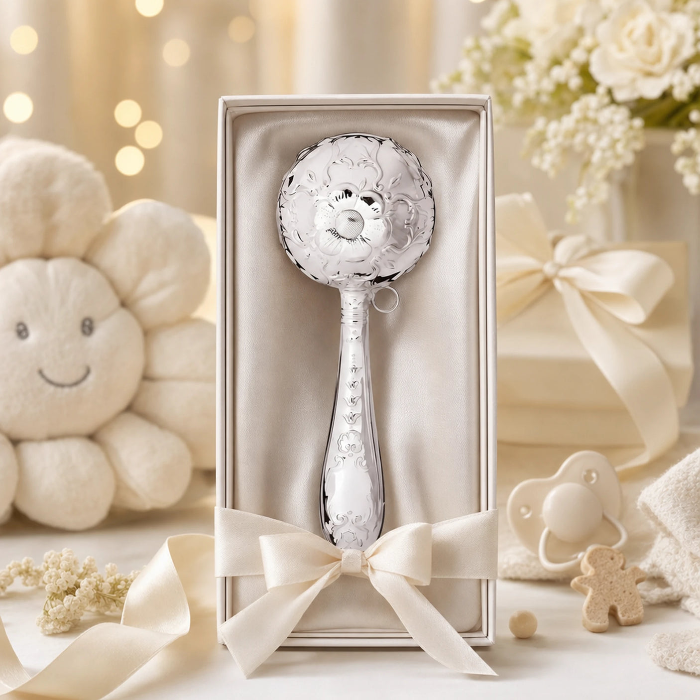 Babyrassel 925 Silber mit Kamillen-Design — Lifestyle-Setting, Geschenk zur Geburt