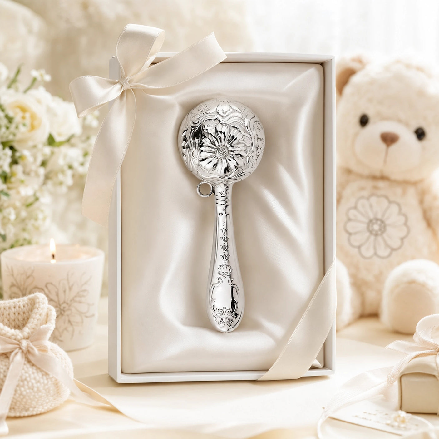 Babyrassel 925 Silber mit Kamille-Motiv, Kugelform — Lifestyle-Setting, Geschenk zur Geburt
