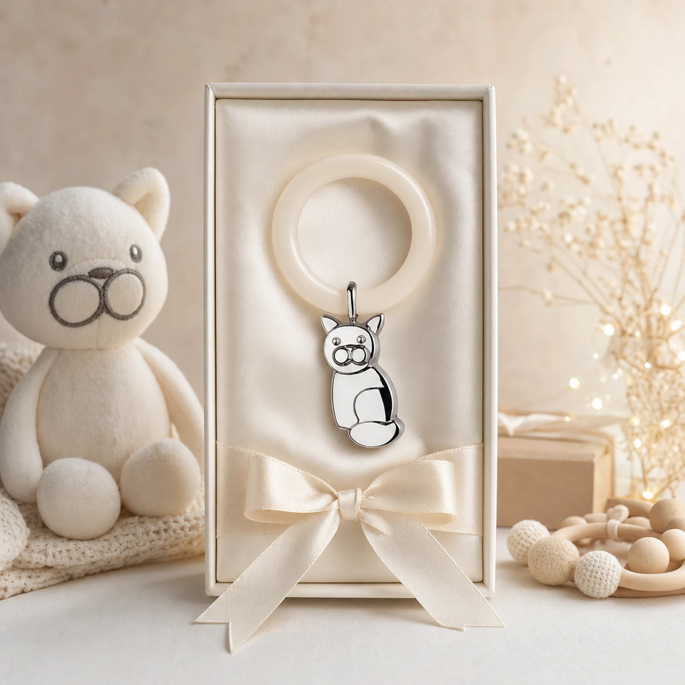 Babyrassel 925 Silber mit Kater-Motiv und Beißring — Lifestyle-Setting, Geschenk zur Geburt