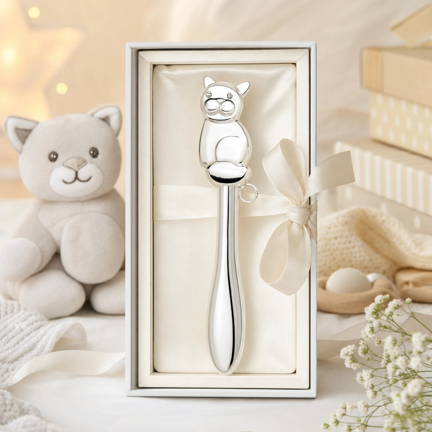 Babyrassel 925 Silber mit Kater-Motiv, glatte Stielform — Lifestyle-Setting, Geschenk zur Geburt