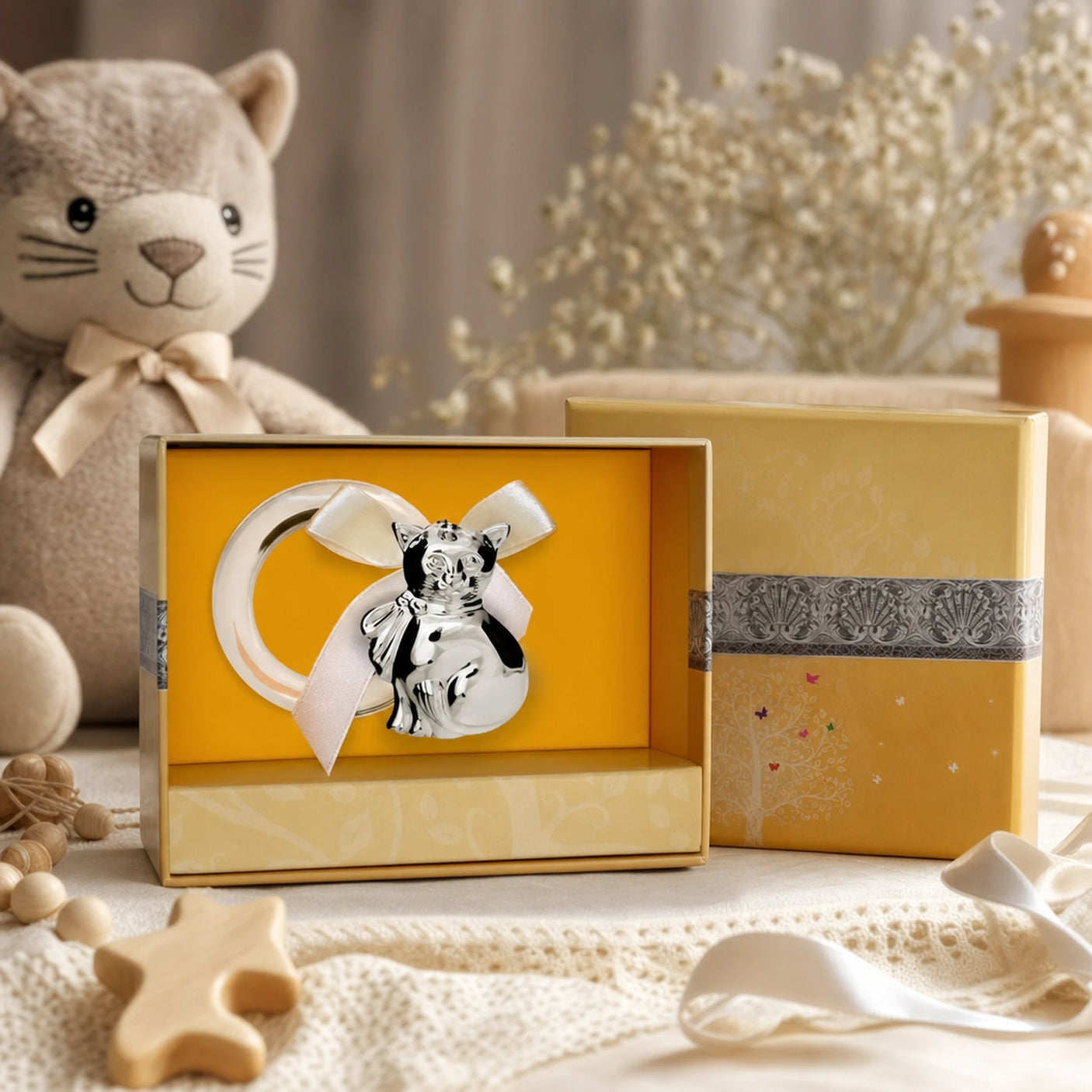Babyrassel 925 Silber mit Katzen-Motiv und Beißring, in Geschenkbox — Lifestyle-Setting, Geschenk zur Geburt