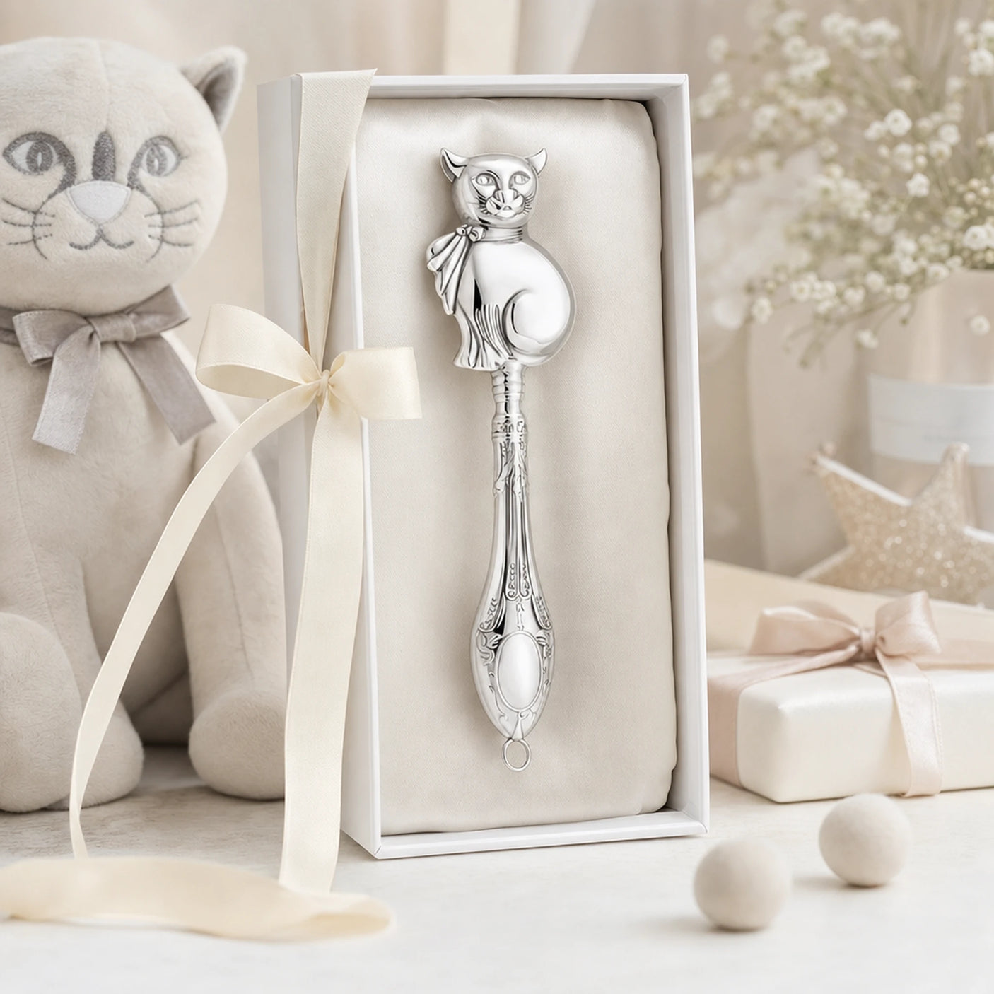 Babyrassel 925 Silber mit Katzen-Motiv, Stielrassel — Lifestyle-Setting, Geschenk zur Geburt