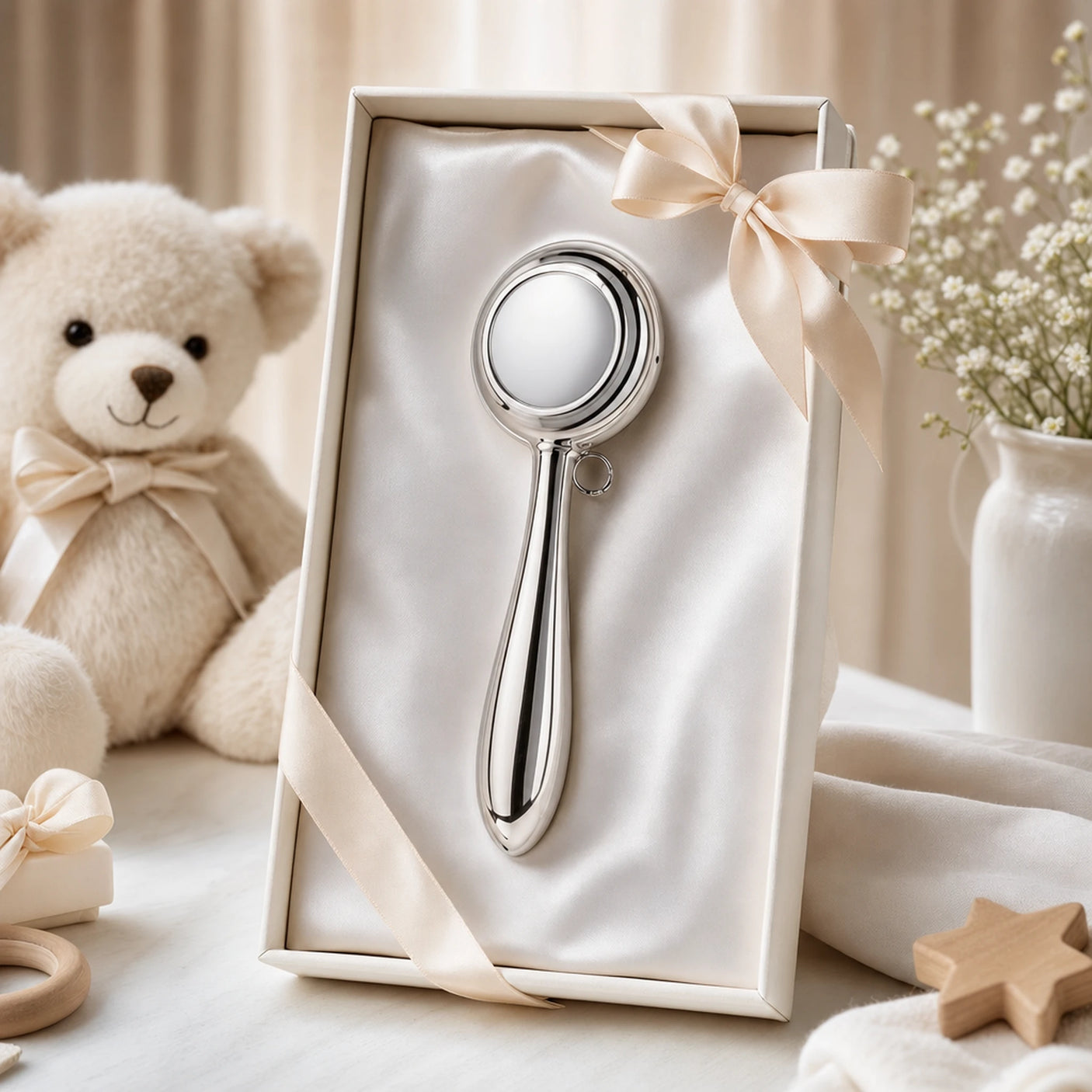 Babyrassel 925 Silber, klassisches Design — Lifestyle-Setting, Geschenk zur Geburt