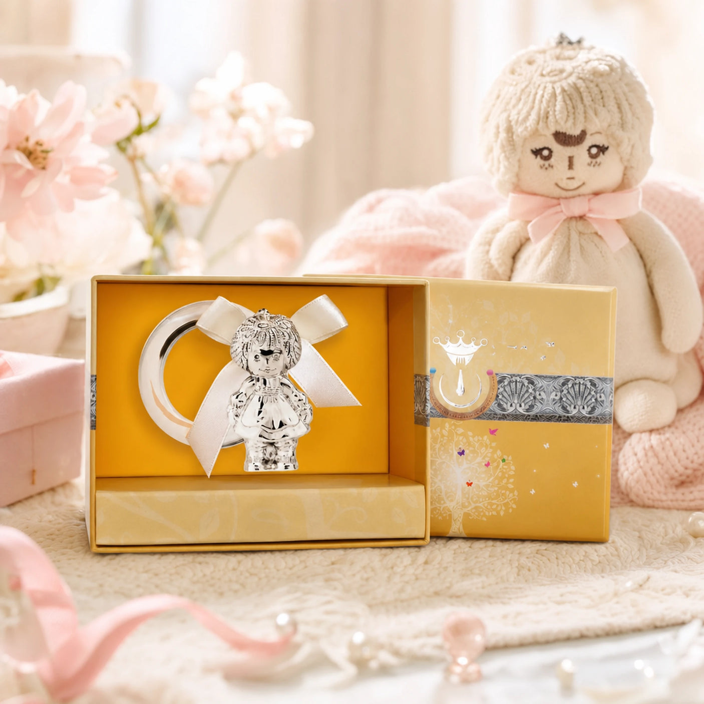 Babyrassel 925 Silber mit Mädchen-Motiv und Acrylring — Lifestyle-Setting, Geschenk zur Geburt für Mädchen