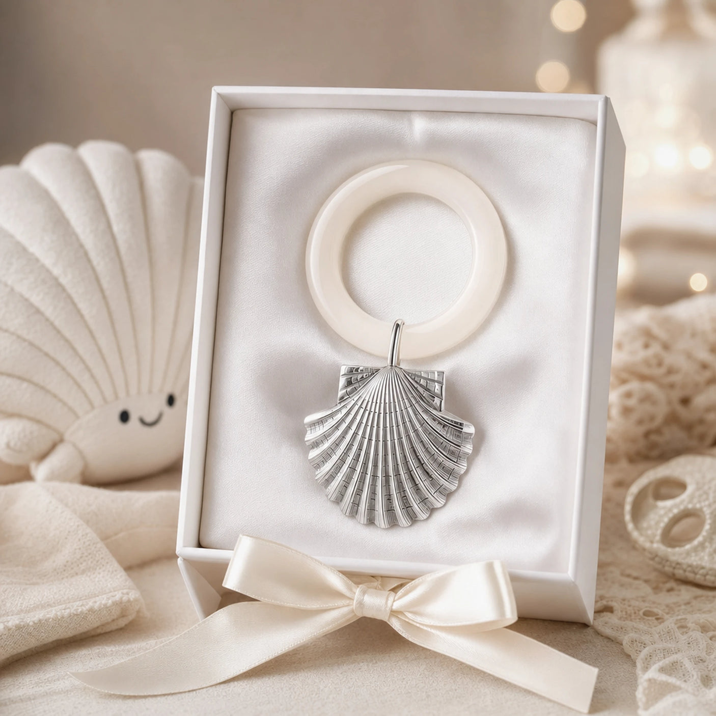 Babyrassel 925 Silber mit Muschel-Design und Beißring — Lifestyle-Setting, Geschenk zur Geburt