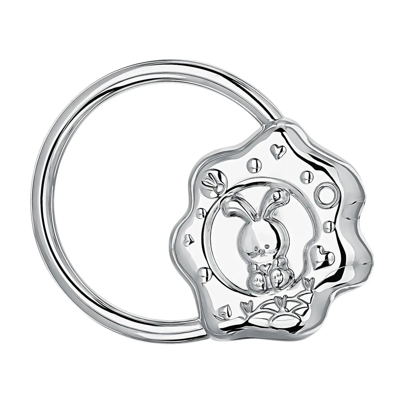 Babyrassel Ringform 925 Sterling Silber mit detailliertem Hasenmotiv Relief als Beißring für Babys