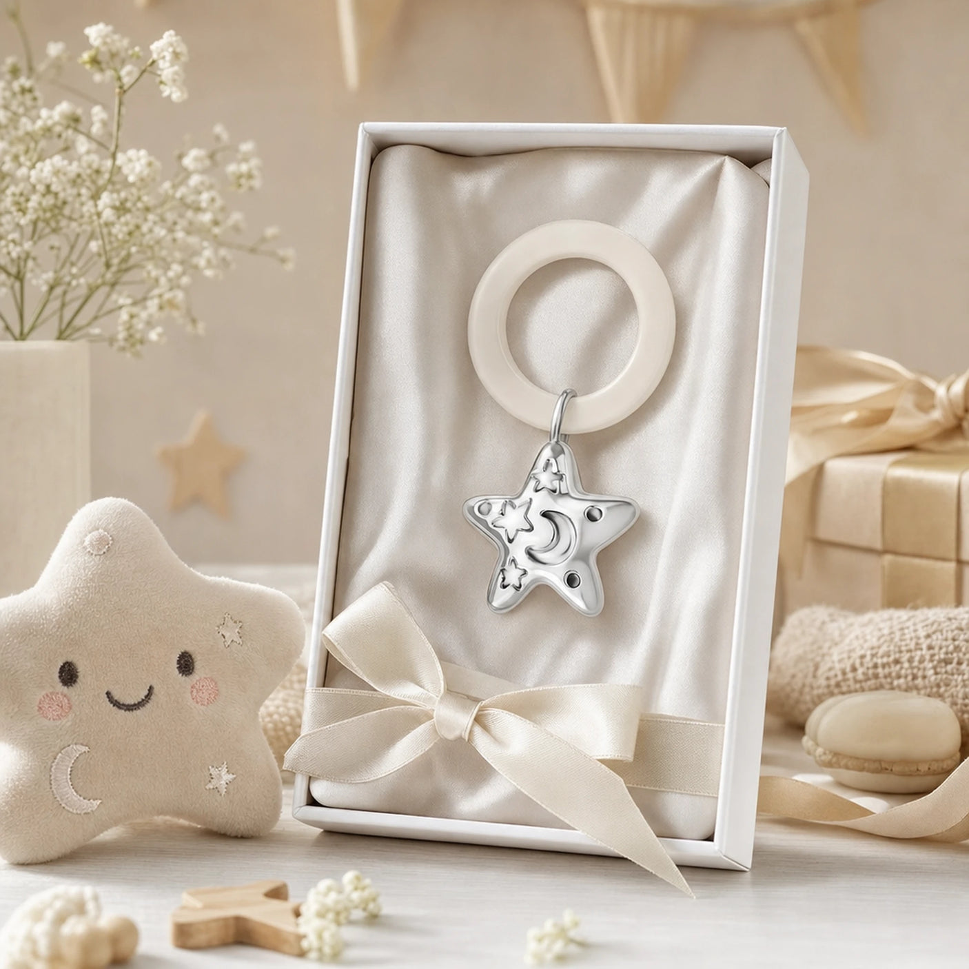 Babyrassel 925 Silber Stern — Sternanhänger mit Mond an cremefarbenem Beißring im Etui mit Schleife, Geschenk zur Geburt