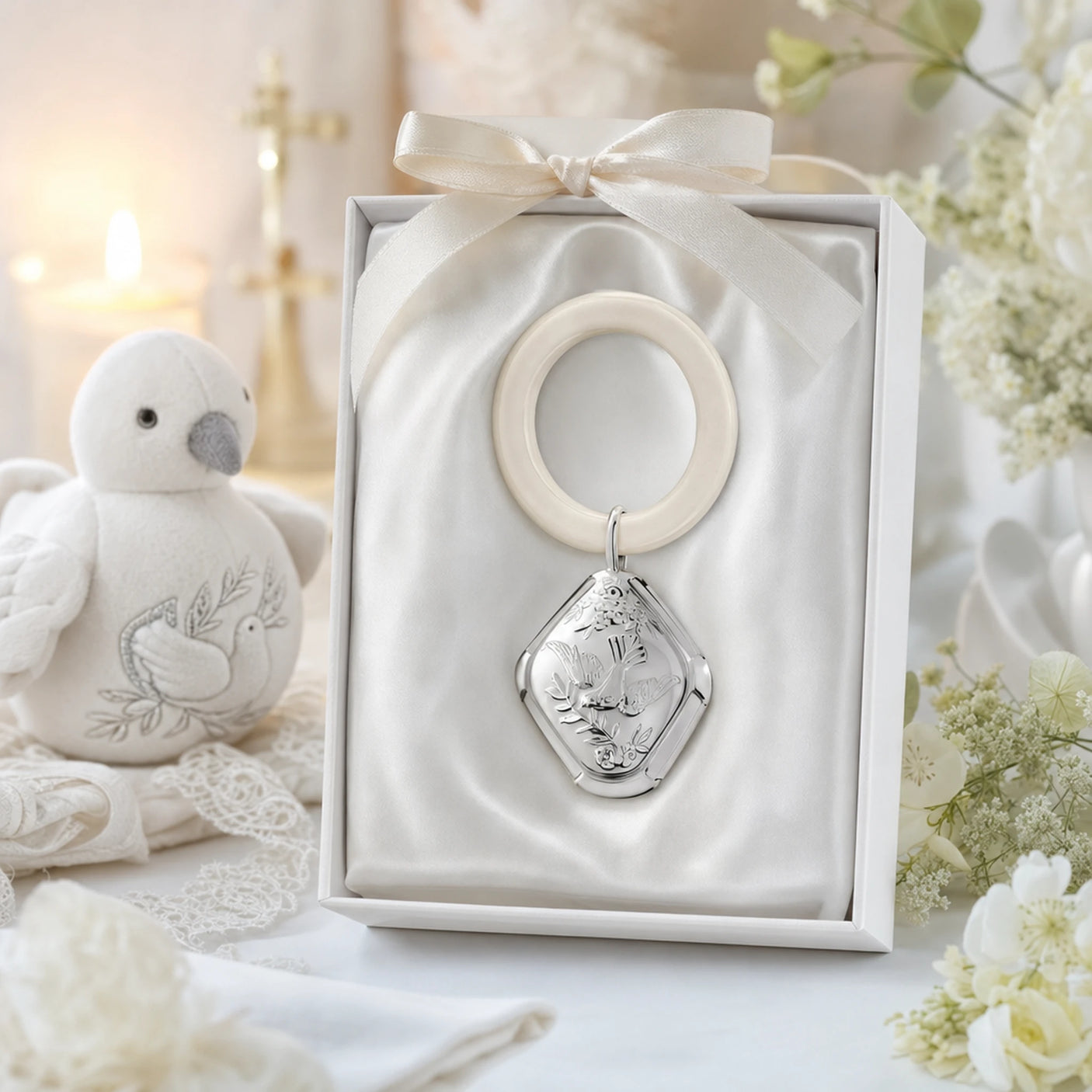 Babyrassel 925 Silber mit Tauben-Design und Beißring — Lifestyle-Setting, Geschenk zur Taufe