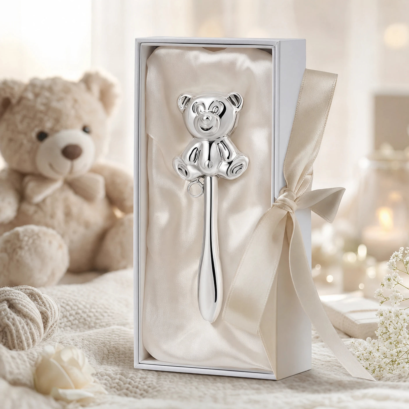 Babyrassel 925 Silber mit Teddybär-Design — Lifestyle-Setting, Geschenk zur Geburt