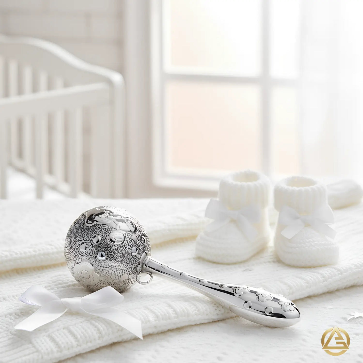 Babyrassel 925 Sterling Silber – Kugelform mit Teddybärmotiv