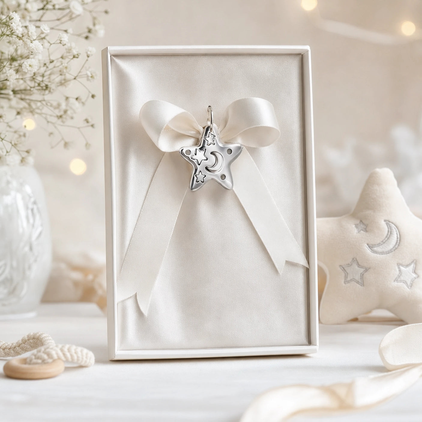 Babyrassel-Anhänger 925 Silber mit Stern-Motiv — Lifestyle-Setting, Geschenk zur Geburt