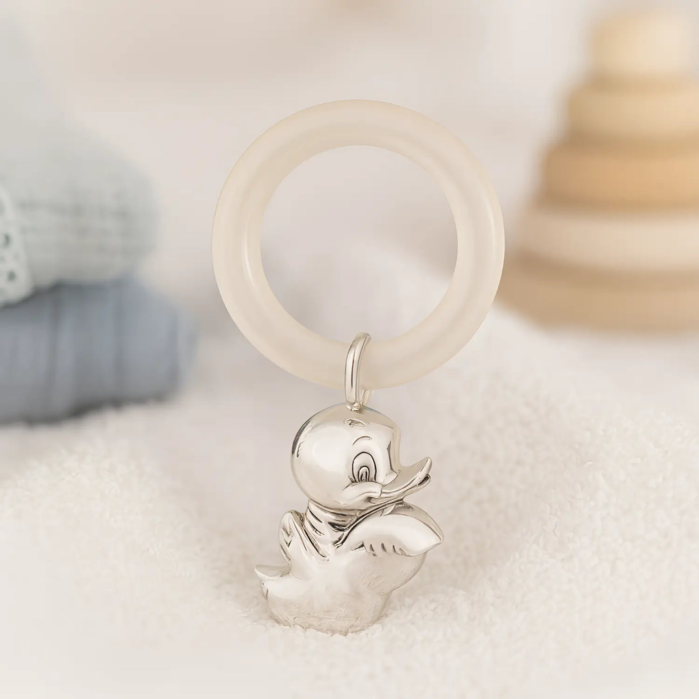 Babyrassel Big Duck 925 Silber mit Acrylring – ideales Geschenk zur Taufe und Geburt, geschlechtsneutral