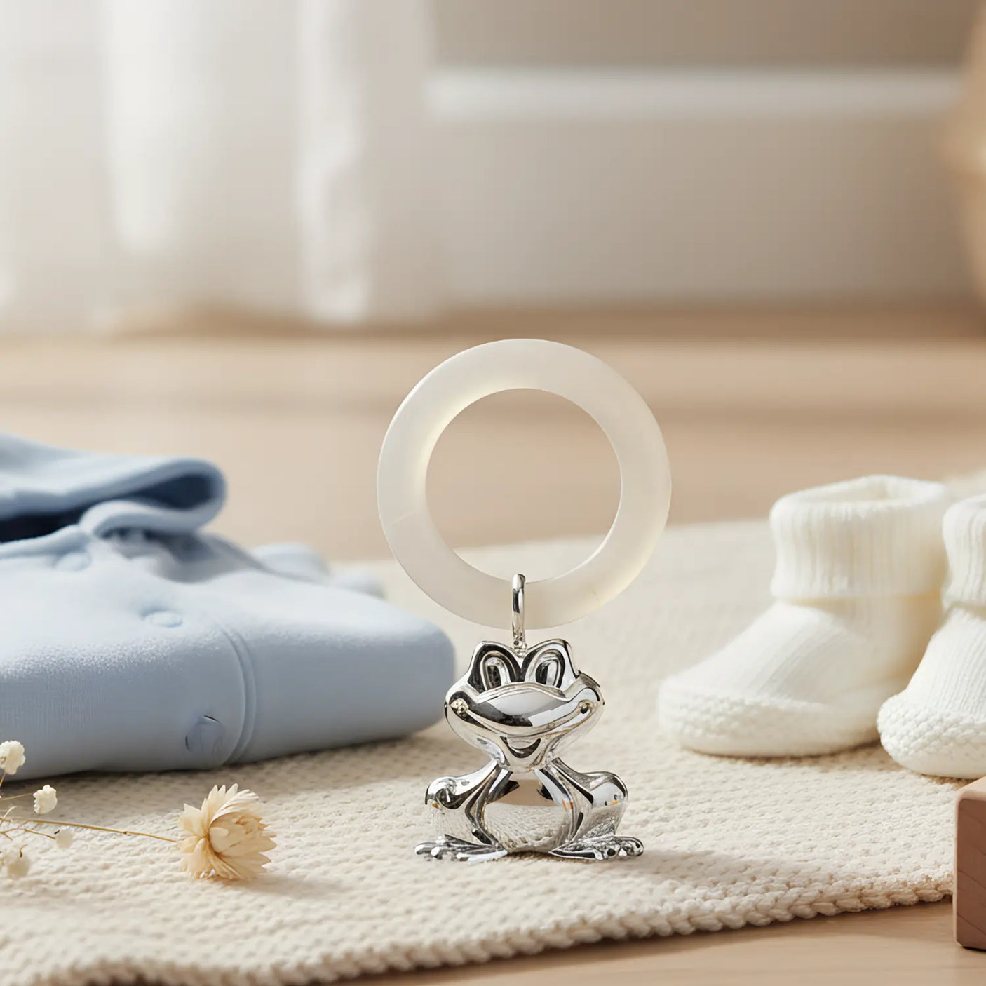 Babyrassel Frosch 925 Silber mit Acrylring – Geschenk zur Geburt und Taufe, Symbol für Wachstum und Verwandlung