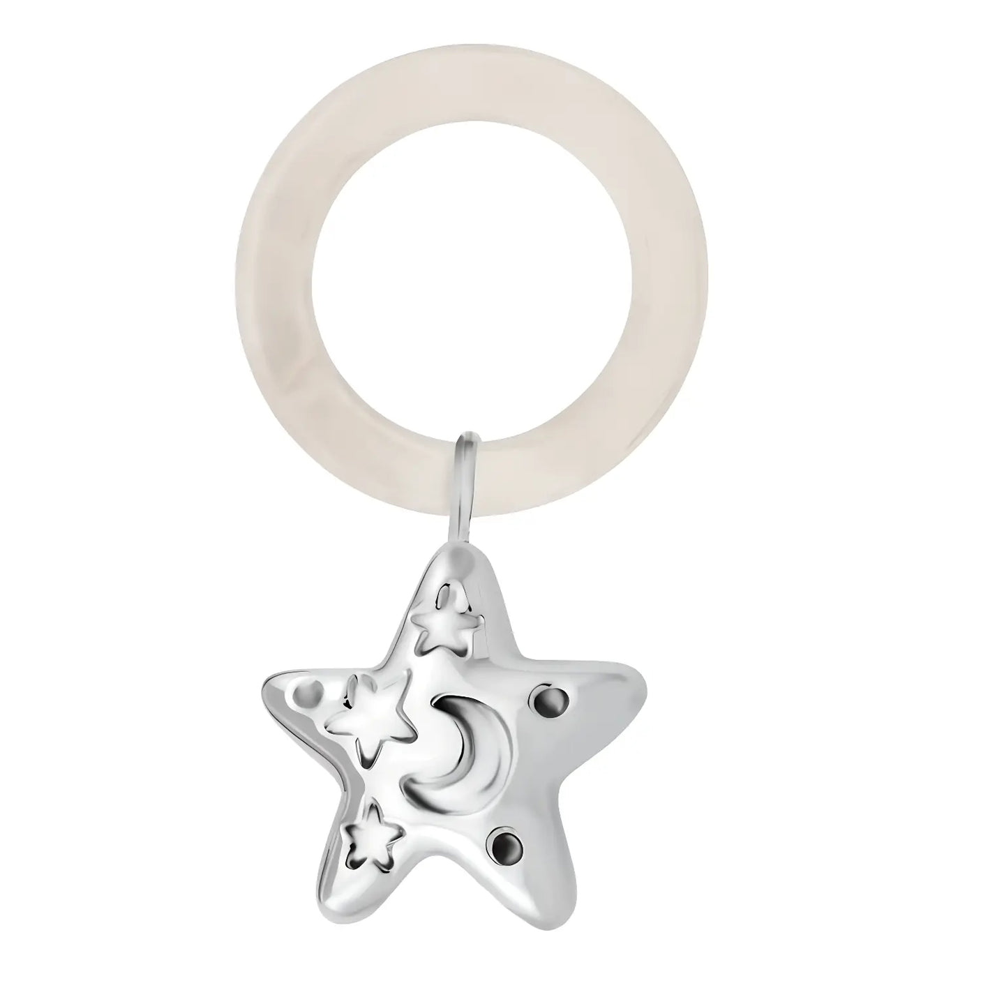 Babyrassel Sterne & Mond aus 925 Silber mit Acrylring – handgefertigt, sicher für Babys und perfekt als Geschenk zur Geburt oder Taufe.