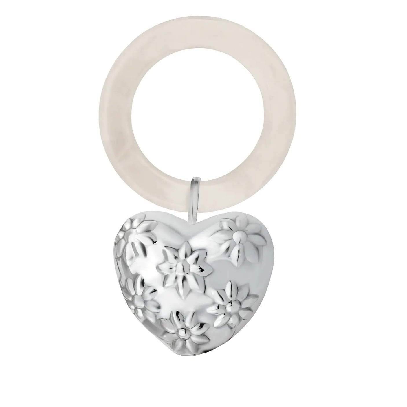 Babyrassel 925 Sterling - Silber mit Herzanhänger und Blumenmotiv am Acrylring