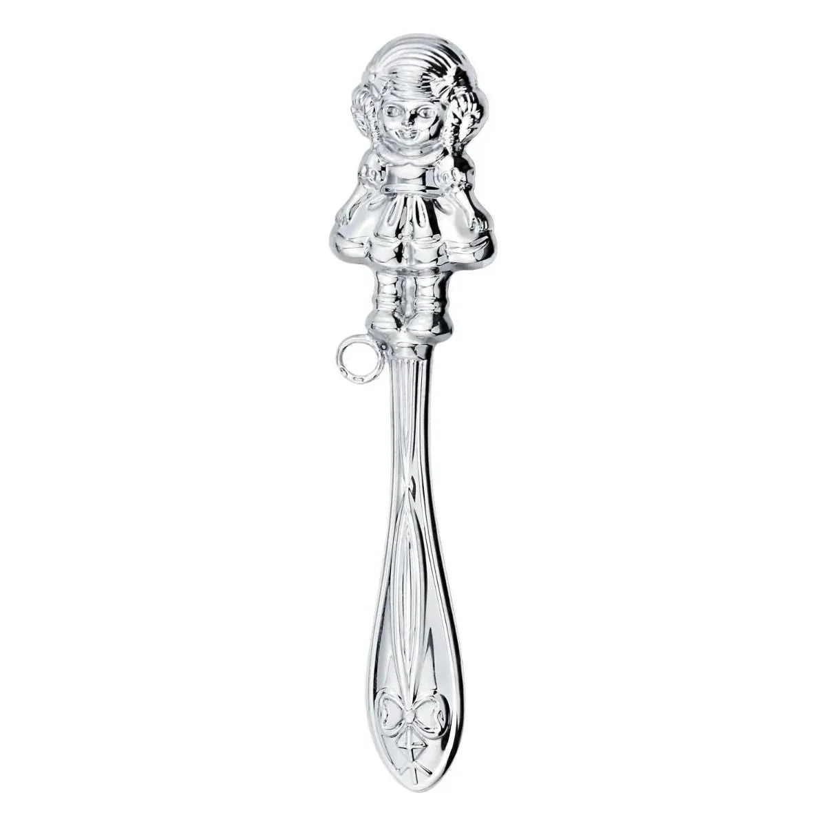 Babyrassel 925 Silber Puppe — Detailansicht der Puppenfigur am ornamentierten Stiel, Freisteller
