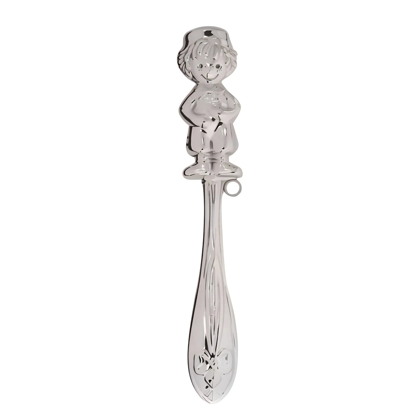 Babyrassel 925 Silber Junge — stielförmige Silberrassel mit Jungen-Figur und Mütze am Griffende