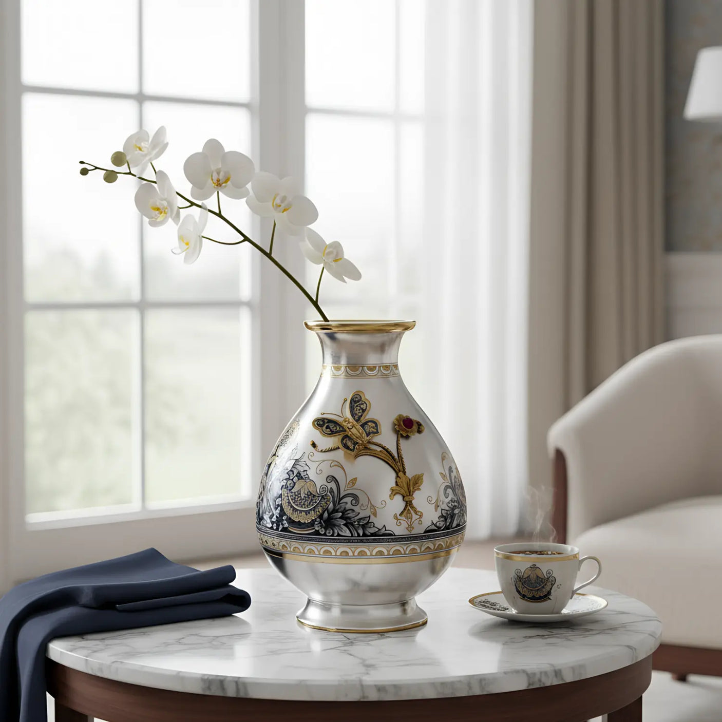 Blumenvase 925 Silber – Niello & Vergoldung mit Granat | Schmetterling - Design