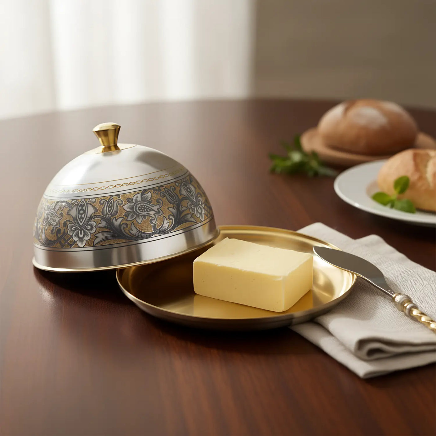 Butterdose & Buttermesser „Tradition“ – Vergoldete Niello - Silberglocke