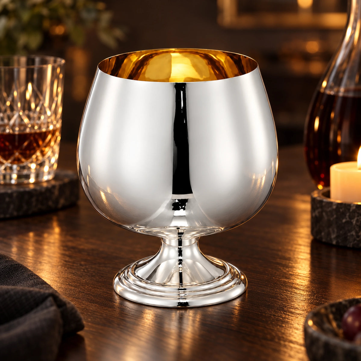 Cognacschwenker 925 Silber innen vergoldet — Lifestyle-Setting am Weintisch