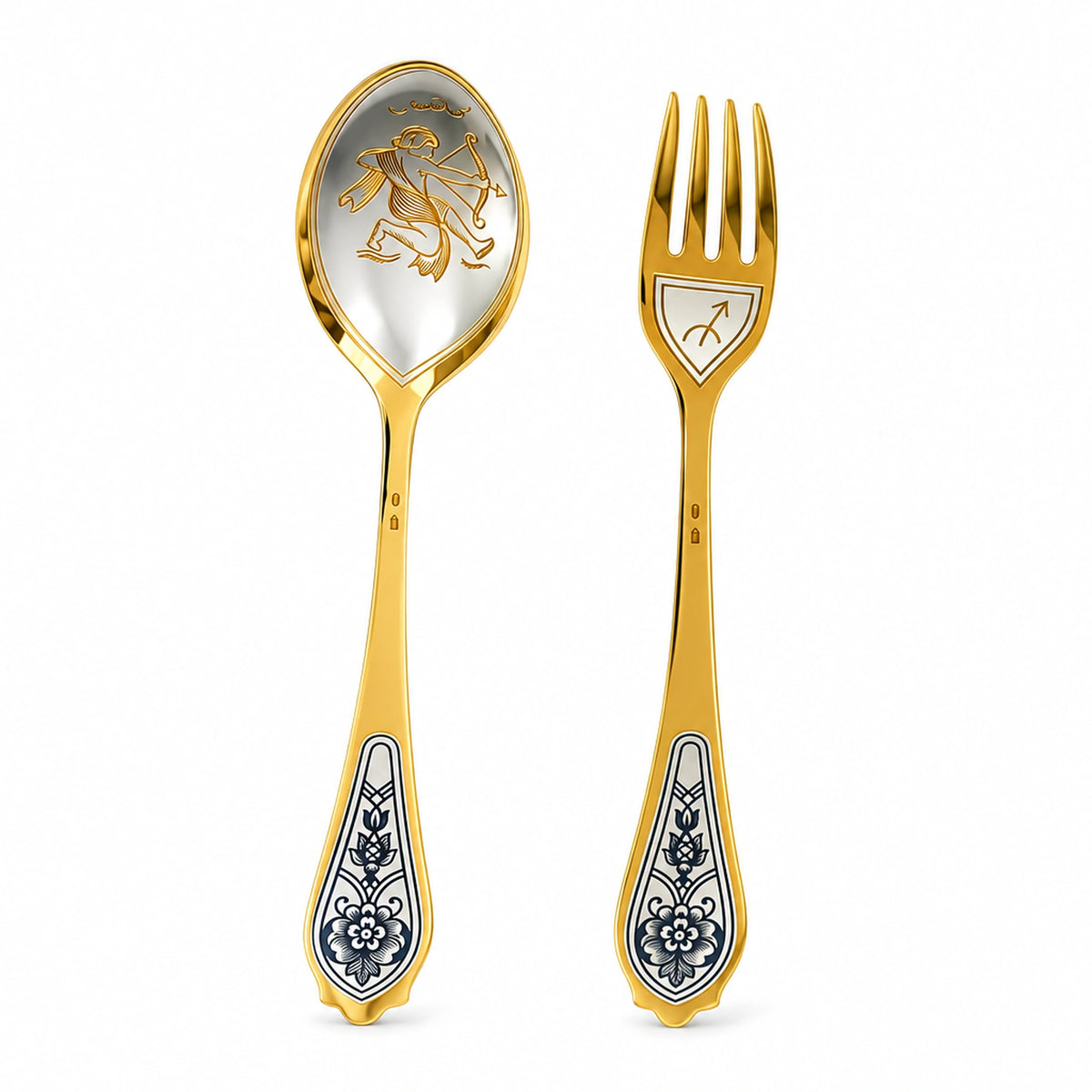 Dessertbesteck Schütze 925 Silber vergoldet: Löffel mit Kentaur und Bogen, Gabel mit Symbol, Niello-Blüten am Griff