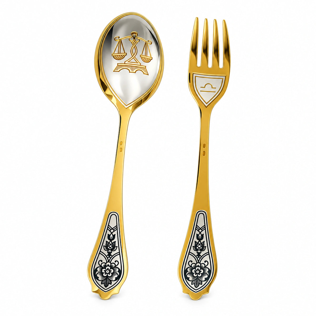 Dessertbesteck Waage 925 Silber vergoldet: Löffel mit Balkenwaage in der Laffe, Gabel mit Symbol, Niello-Blüten