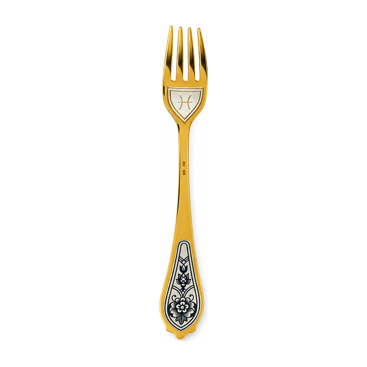 Dessertgabel Fische 925 Silber vergoldet, Fische-Symbol unter den Zinken, Niello-Blüte am Griff