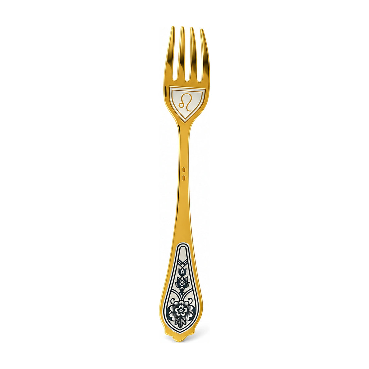 Dessertgabel Löwe 925 Silber vergoldet, Löwe-Symbol unter den Zinken, Niello-Blüte am Griff