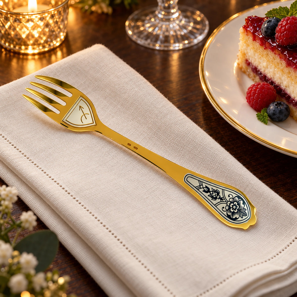 Dessertgabel Sternzeichen Schütze – 925 Silber vergoldet & Niello — Lifestyle-Setting an der gedeckten Tafel