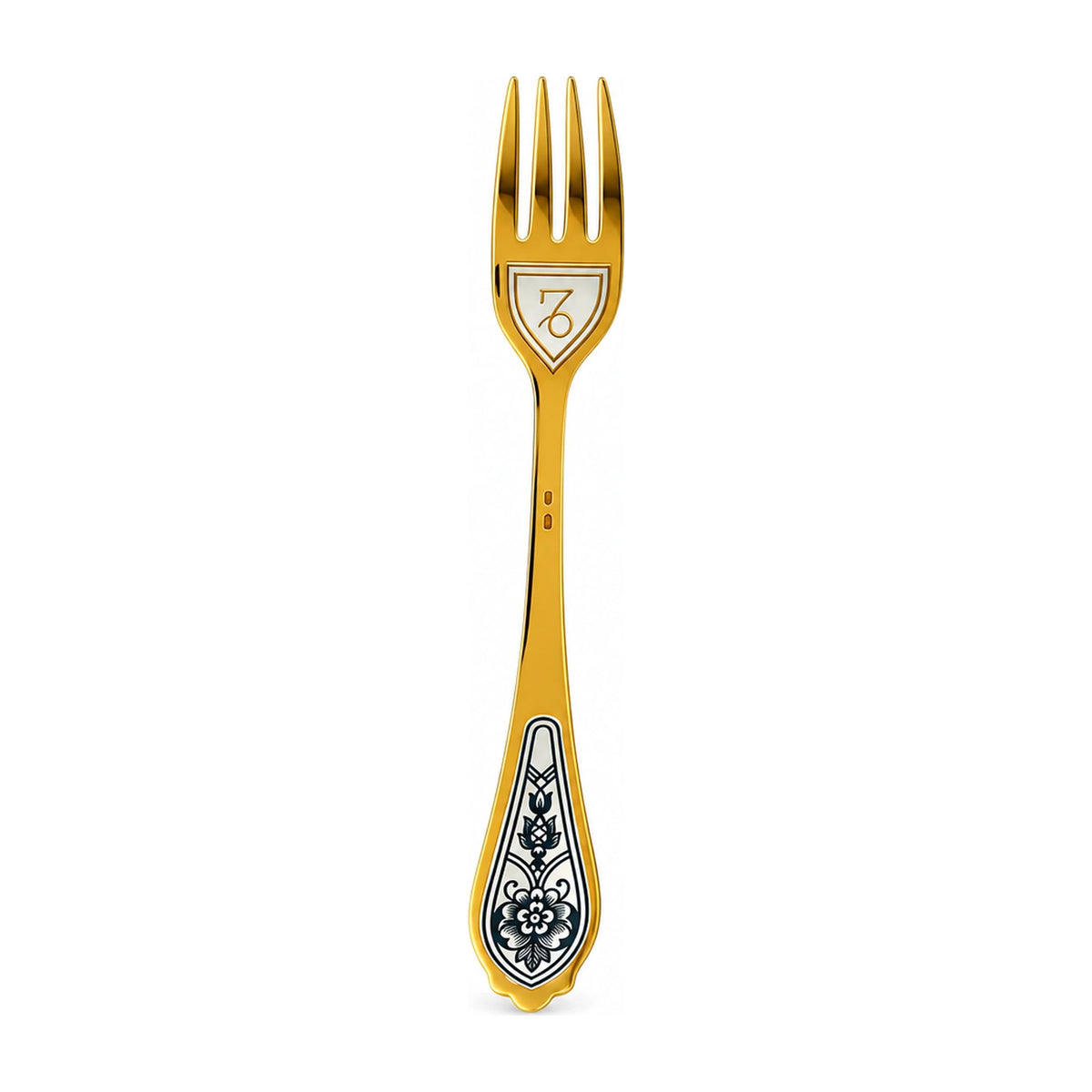 Dessertgabel Steinbock 925 Silber vergoldet, Steinbock-Symbol unter den Zinken, Niello-Blüte am Griff