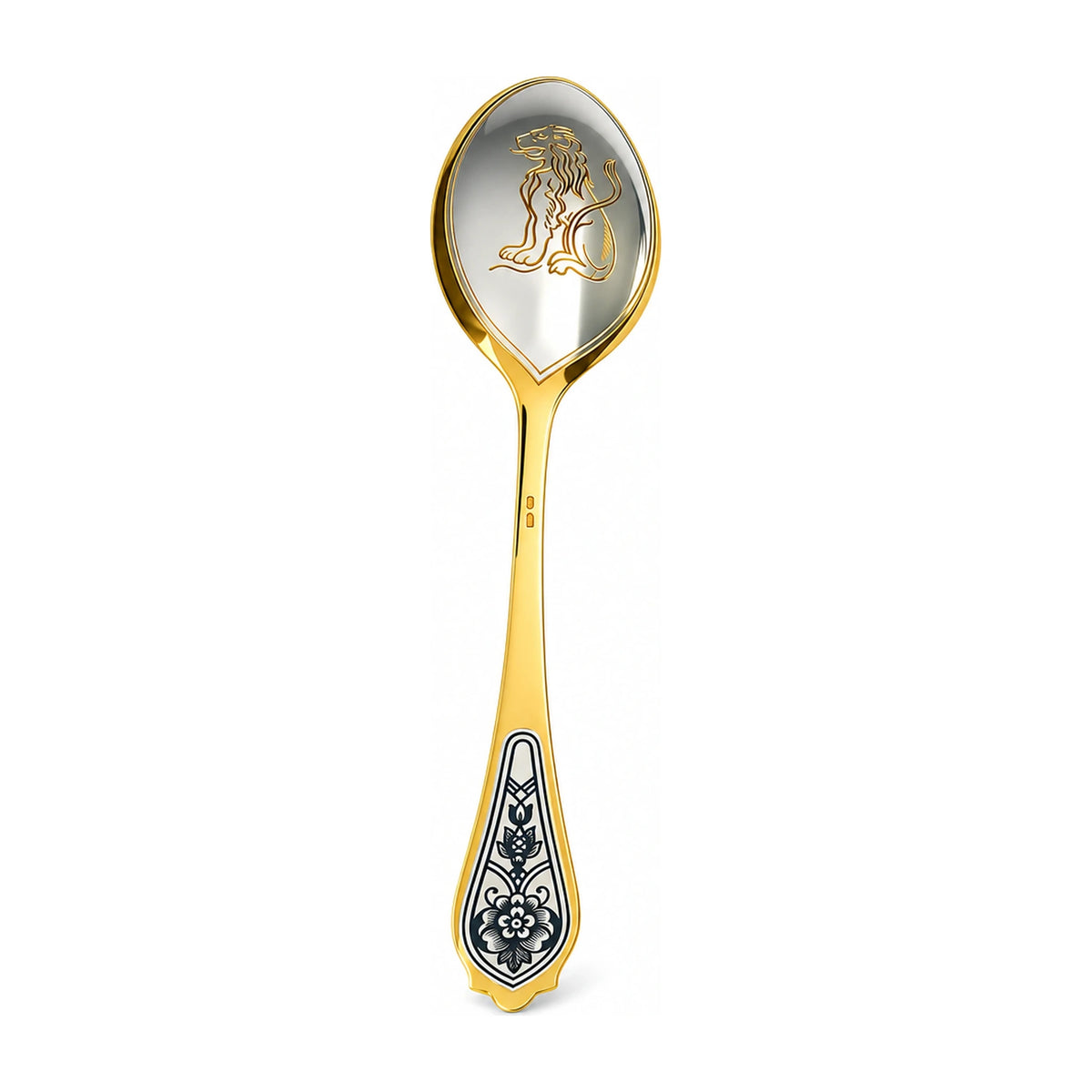 Dessertlöffel Löwe 925 Silber vergoldet, Löwe mit Mähne in der Laffe, Niello-Blüte am Griff