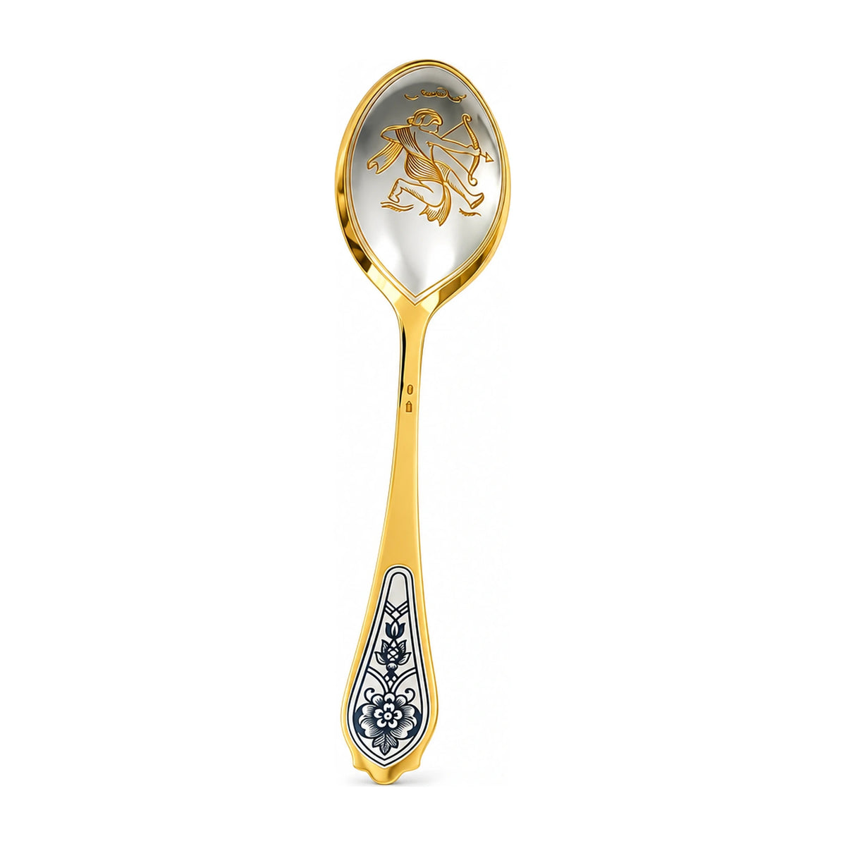 Dessertlöffel Schütze 925 Silber vergoldet, Kentaur mit Bogen in der Laffe, Niello-Blüte am Griff