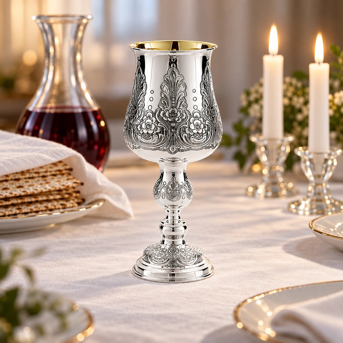 Eliyahu-Becher 925 Silber Signature Light — Lifestyle-Setting am Sedertisch