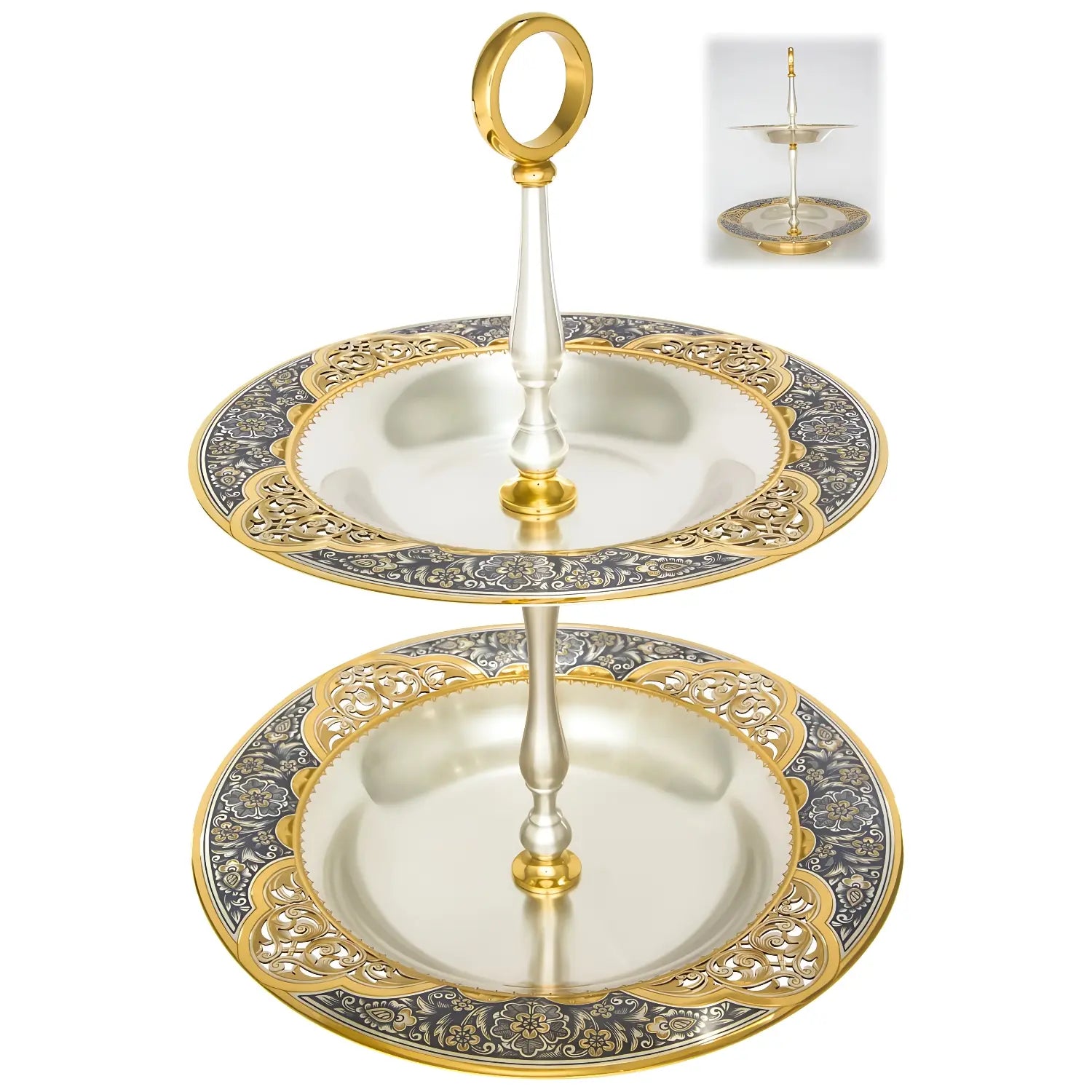 Außergewöhnliche Etagere im Niello-Stil aus 925 Sterling Silber & Vergoldung – 2-stöckiges Serviergestell mit kunstvoller Handgravur.