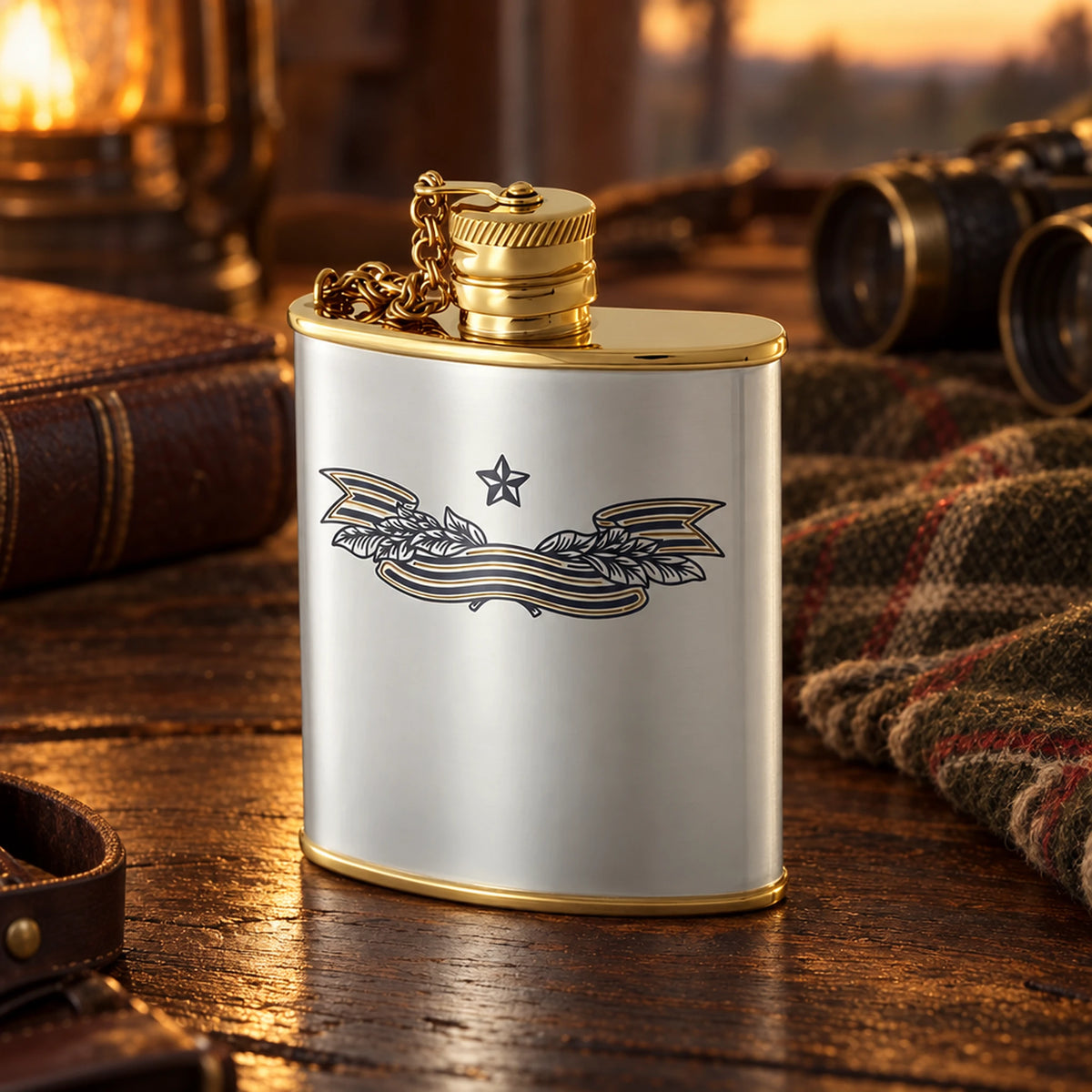 Flachmann 925 Silber Niello Sieg 90ml — Lifestyle-Setting auf dem Jagdtisch