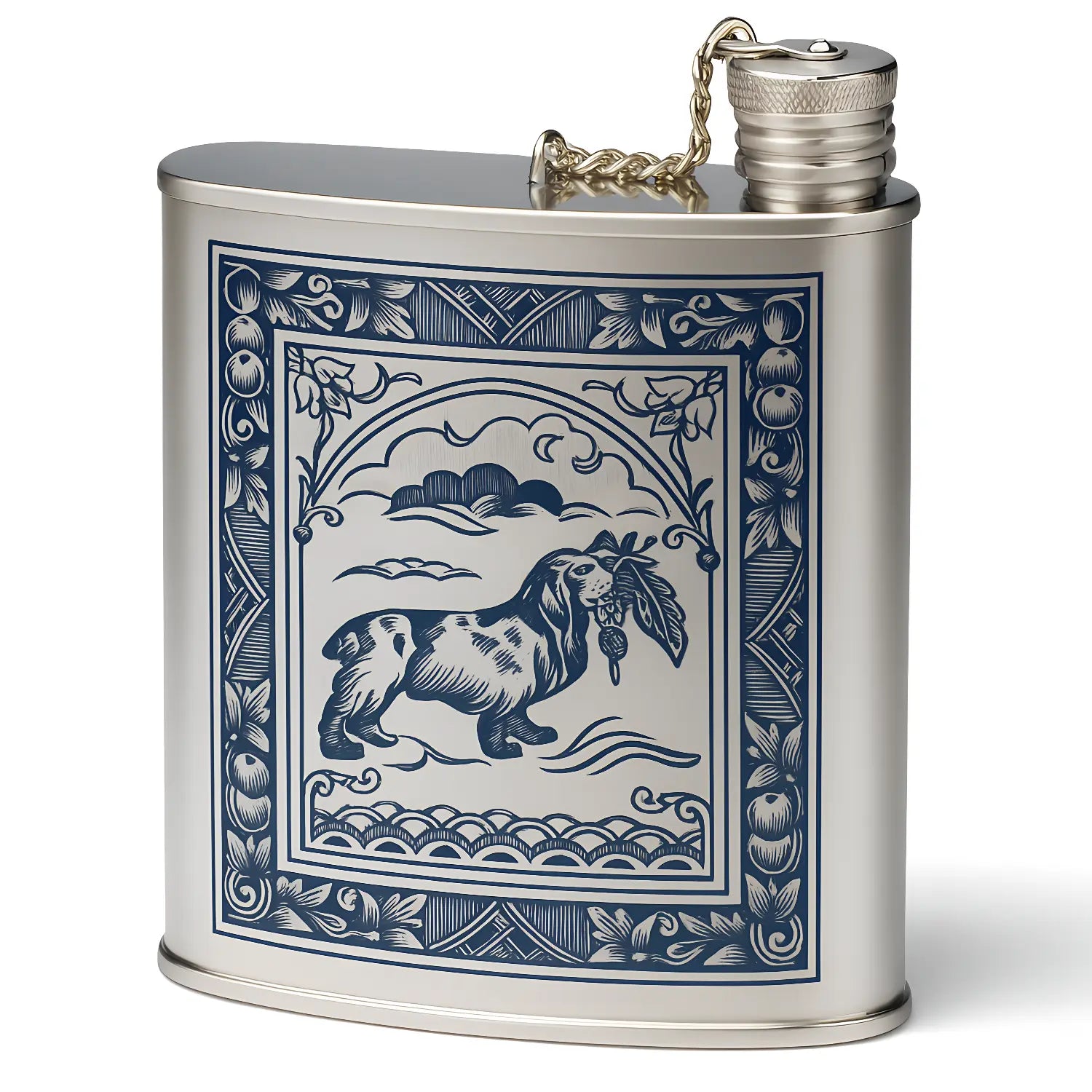 Flachmann 925 Silber Niello „Spaniel“ – Luxus & Handarbeit