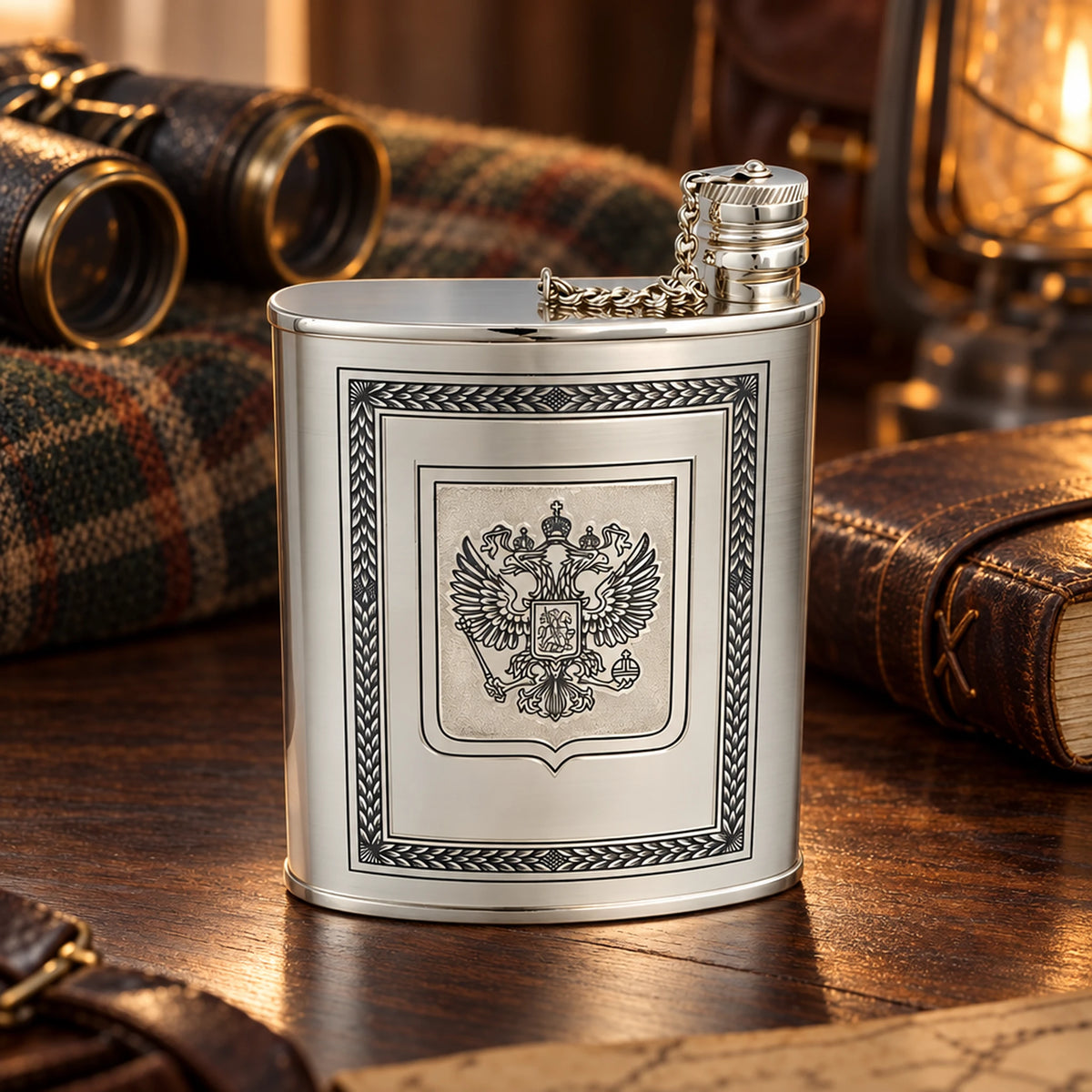 Flachmann 925 Silber Niello Wappen 260 ml — Lifestyle-Setting auf dem Jagdtisch