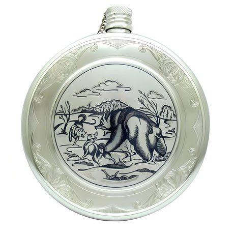 Flachmann 925 Silber Niello mit Bärenkampf-Motiv – exklusives Luxusgeschenk, Gravur möglich