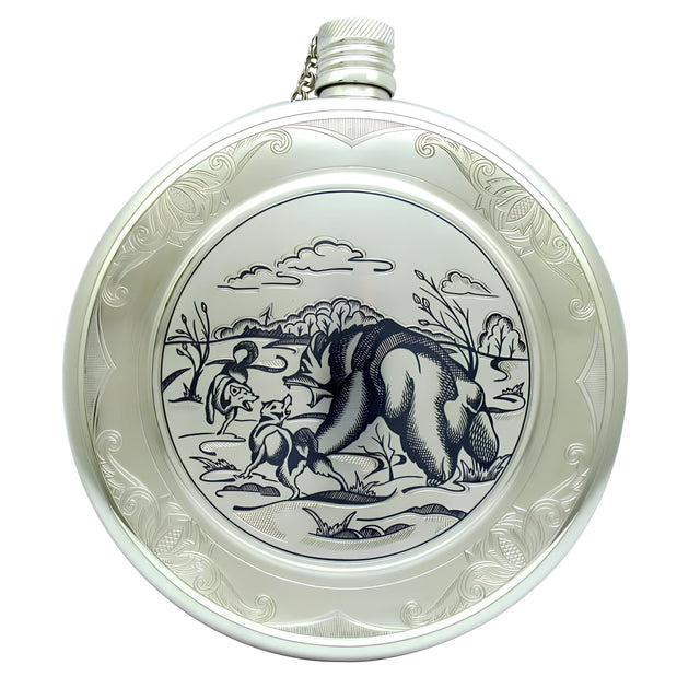 Flachmann 925 Silber Niello mit Bärenkampf-Motiv – exklusives Luxusgeschenk, Gravur möglich