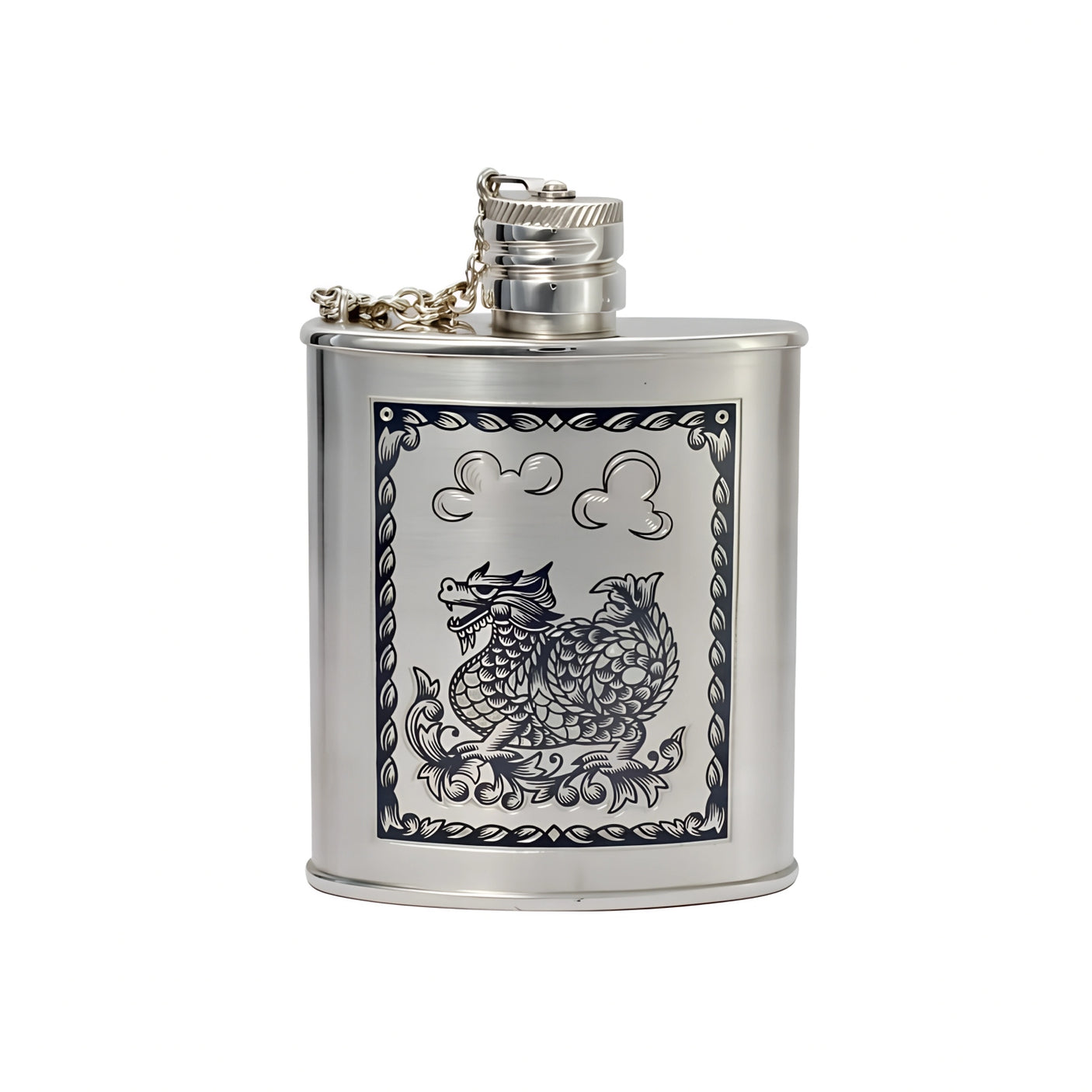 Exklusiver Flachmann aus Sterling Silber mit Drache-Design – Gravur möglich, Geschenkbox enthalten.