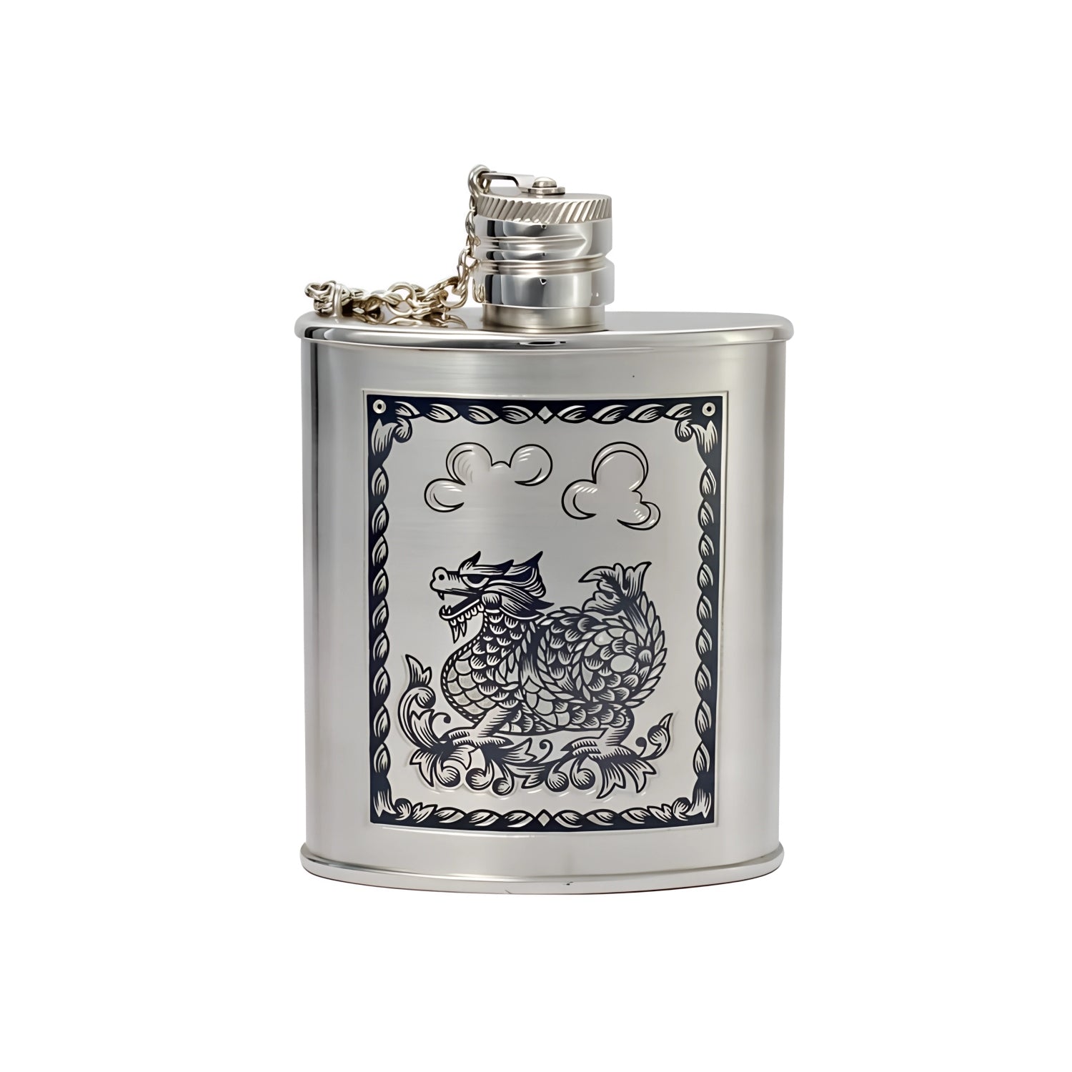 Exklusiver Flachmann aus Sterling Silber mit Drache-Design – Gravur möglich, Geschenkbox enthalten.