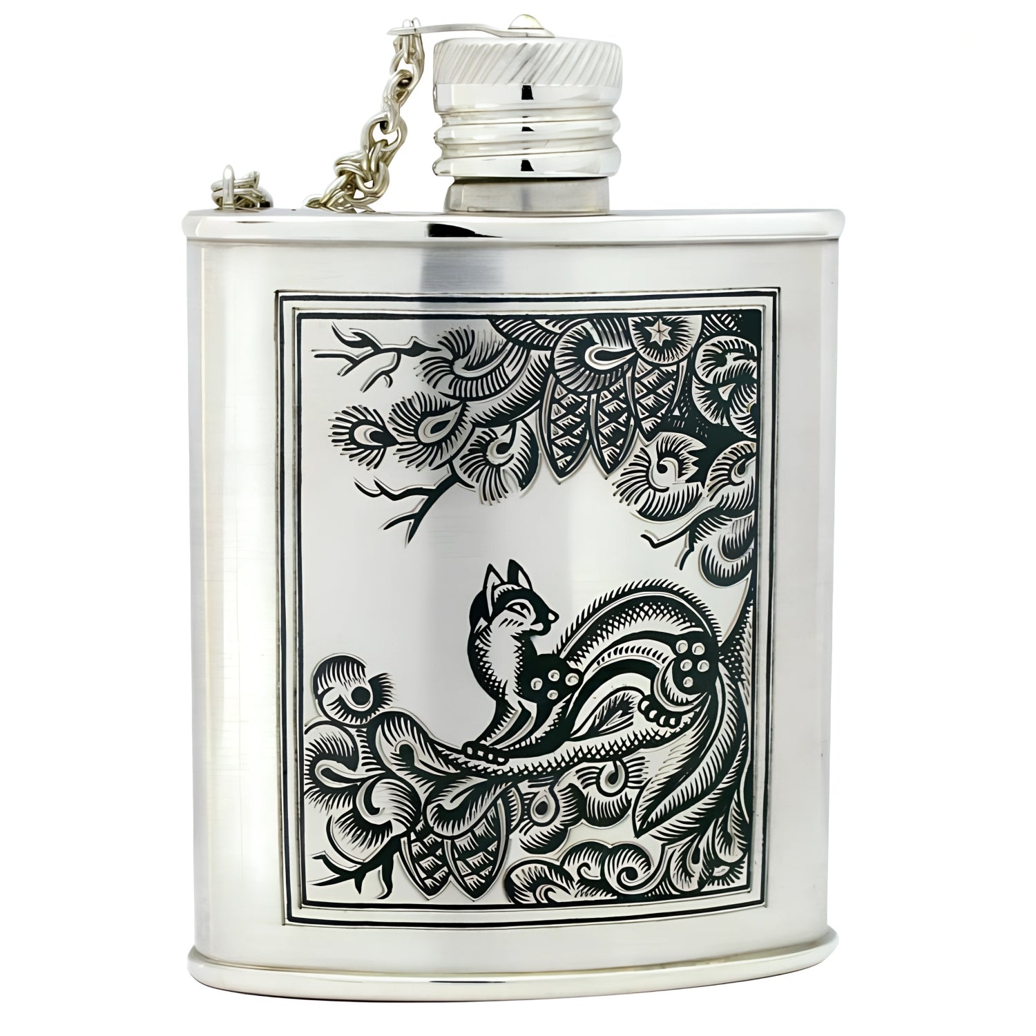 Flachmann aus 925 Sterling Silber mit Niello-Veredelung und Wieselmotiv – edles Jagdgeschenk mit Gravuroption.