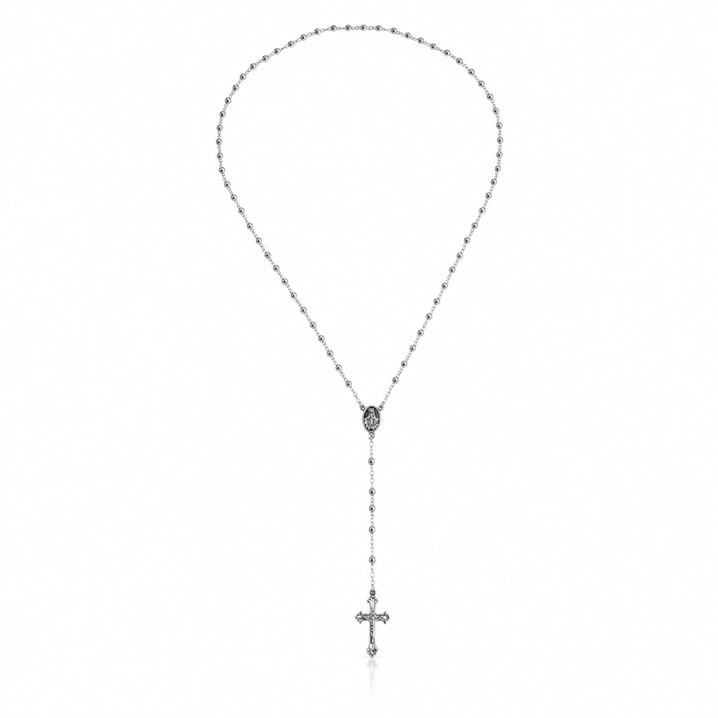 Eine edle Gebetskette aus 925 Sterling Silber mit einem Kreuz mit 3mm-Perlkugeln 57cm groß.