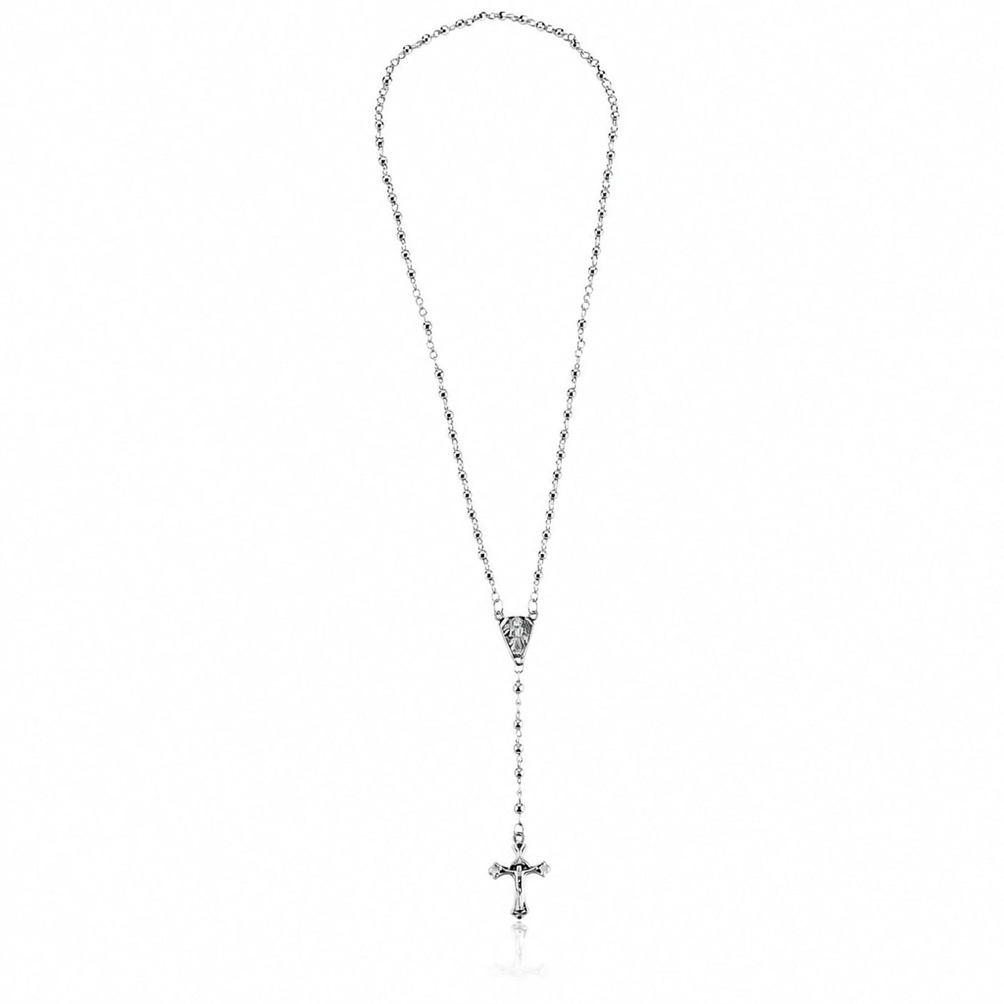 Eine edle Gebetskette aus 925 Sterling Silber mit einem Kreuz mit 3mm-Perlkugeln 46cm lang.