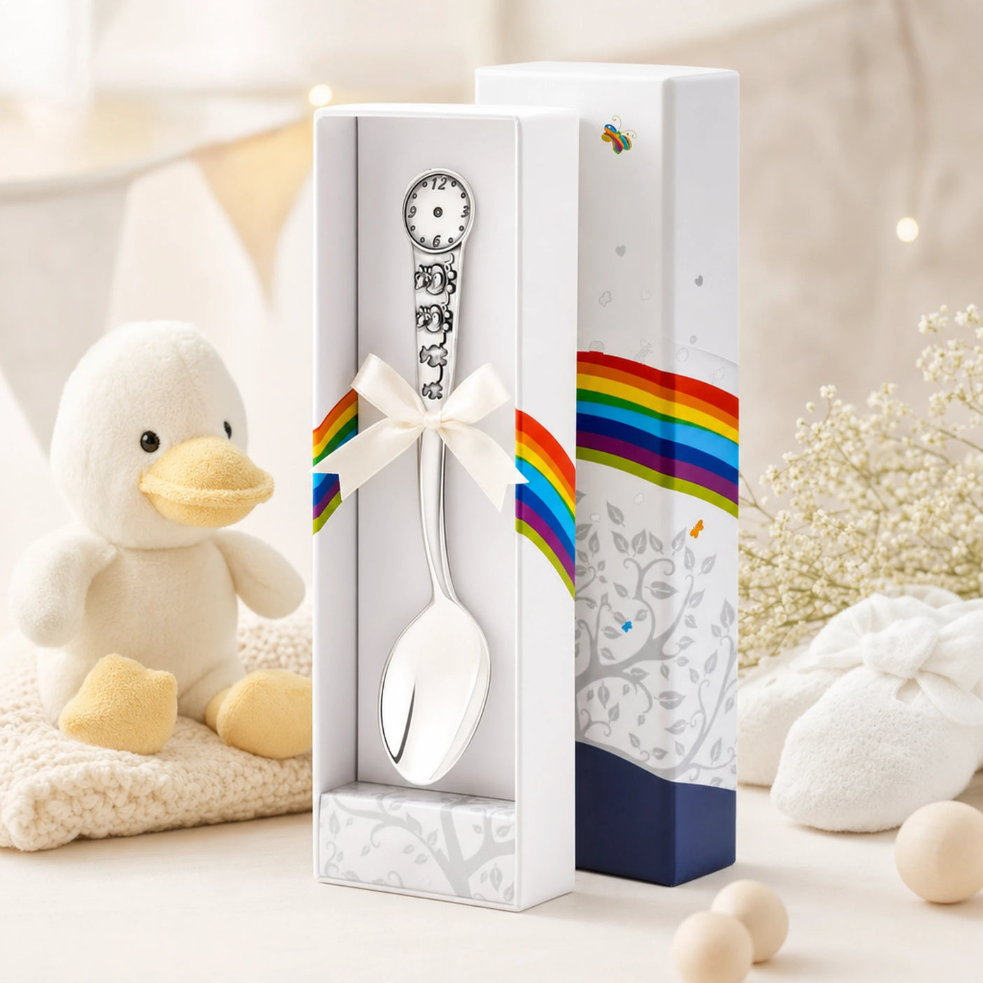 Geburtslöffel 925 Silber mit Entenküken-Motiv — Lifestyle-Setting, liebevolles Geschenk zur Geburt