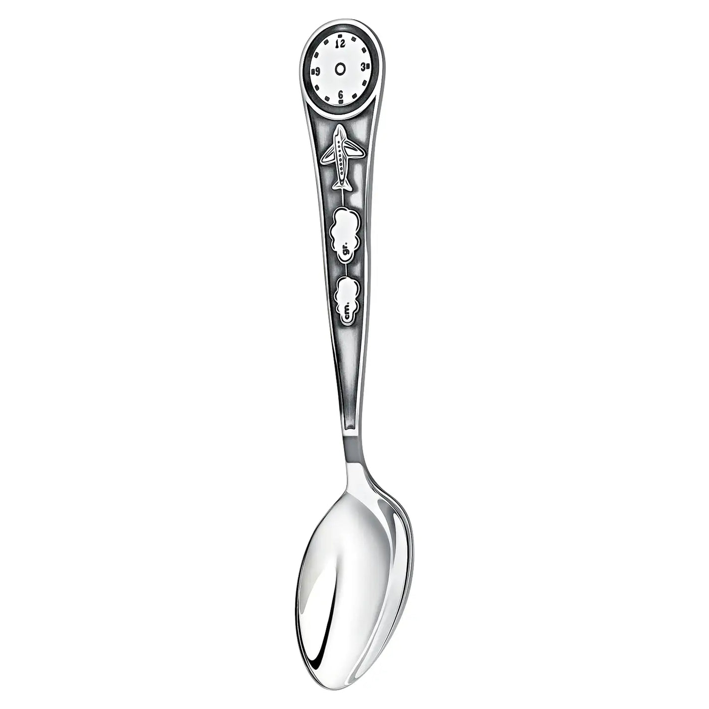 Silberner Geburtslöffel mit Gravurfeldern für Geburtsuhr, Gewicht und Größe – Design Flugzeug.