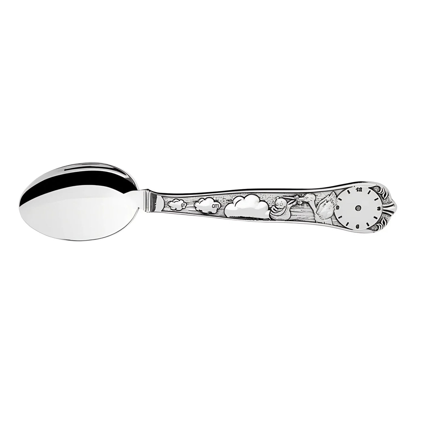 Geburtslöffel 925 Silber Storch — Silberlöffel mit Storch-Relief, Gravurfeldern und Uhr-Zifferblatt am Stiel