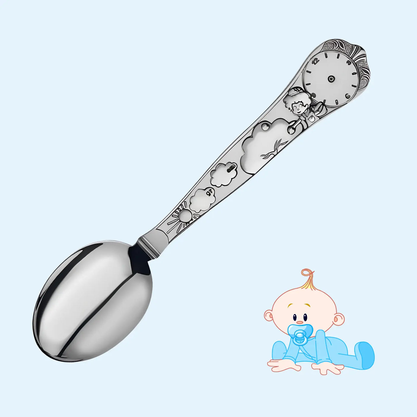 Geburtslöffel Junge aus 925 Silber mit Uhrgravur & Namensgravur