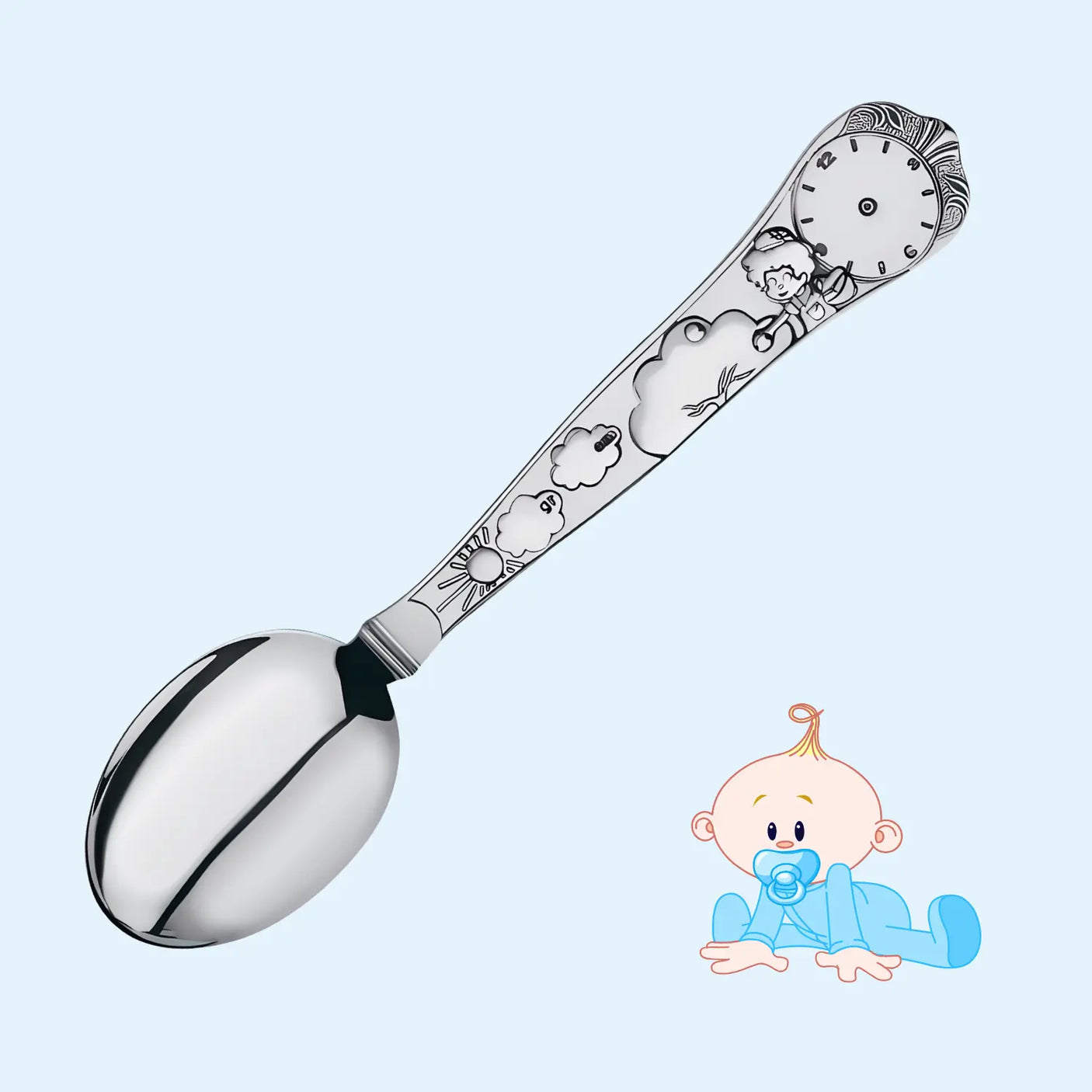 Geburtslöffel Junge aus 925 Silber mit Uhrgravur & Namensgravur